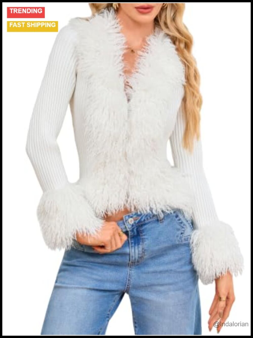 Faux Fur Trim V-Neck Cropped Cardigan Zip Up Knit Sweater
